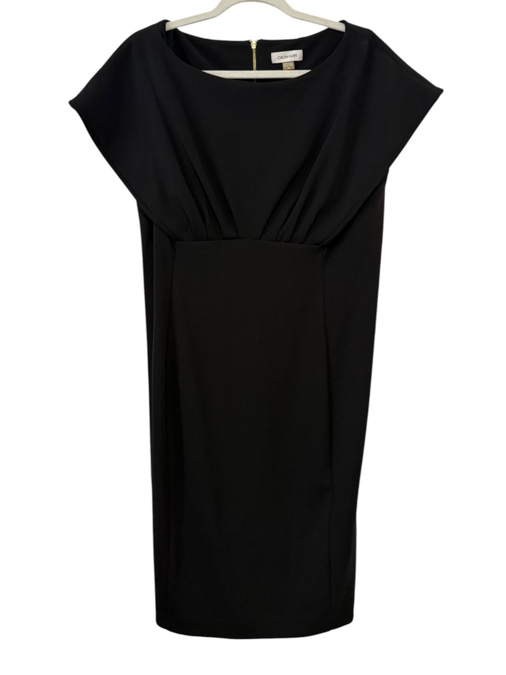 Calvin Klein Size 14 Black Ruched Waist Midi Sheath Dress Gold Zip